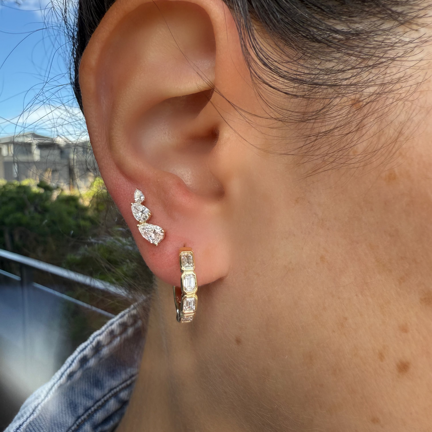 Emerald Bezel Set Diamonds Hoops