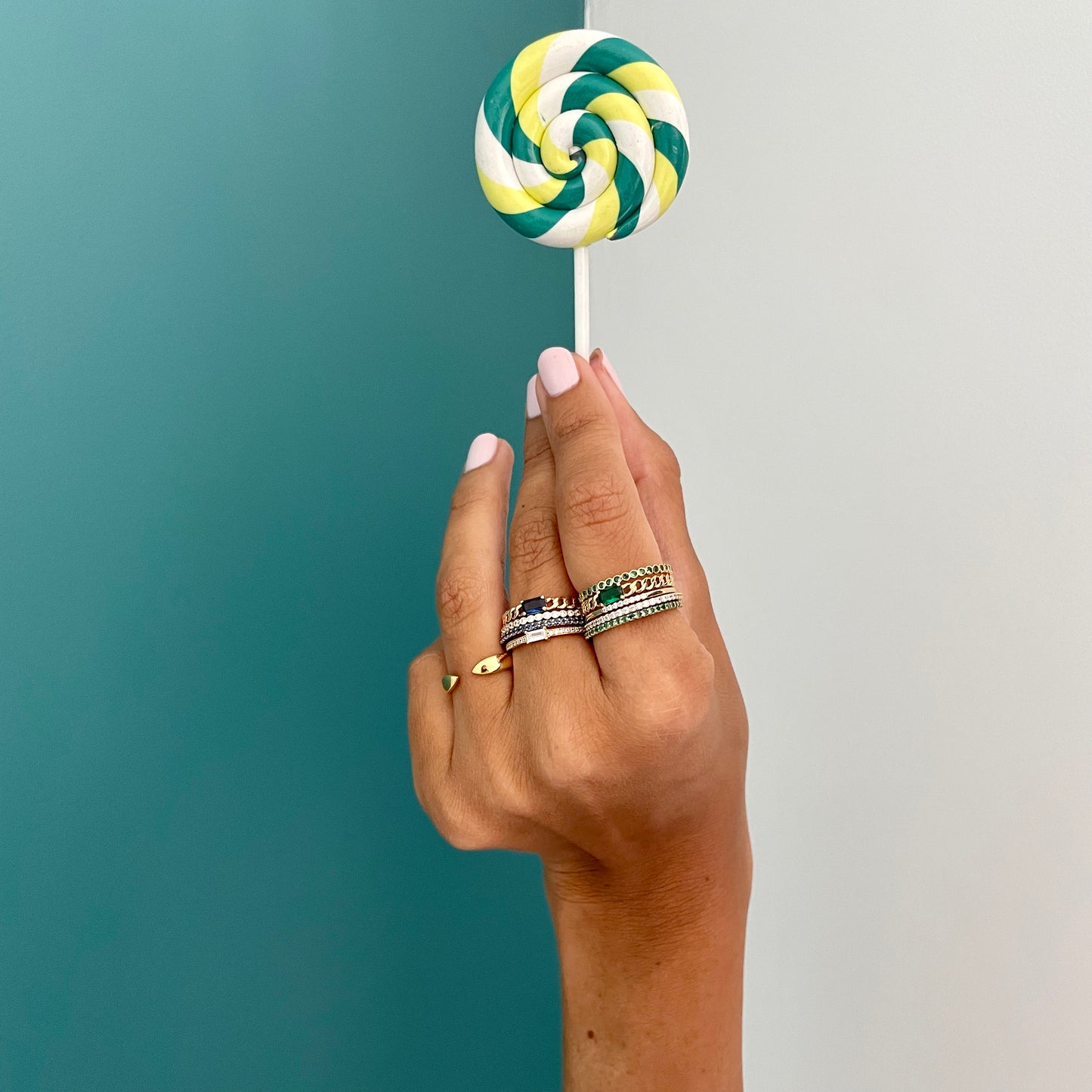 "Nina" Curb chain Link Diamond Ring - Green - - Jewelry - Goldie Paris Jewelry - Ring
