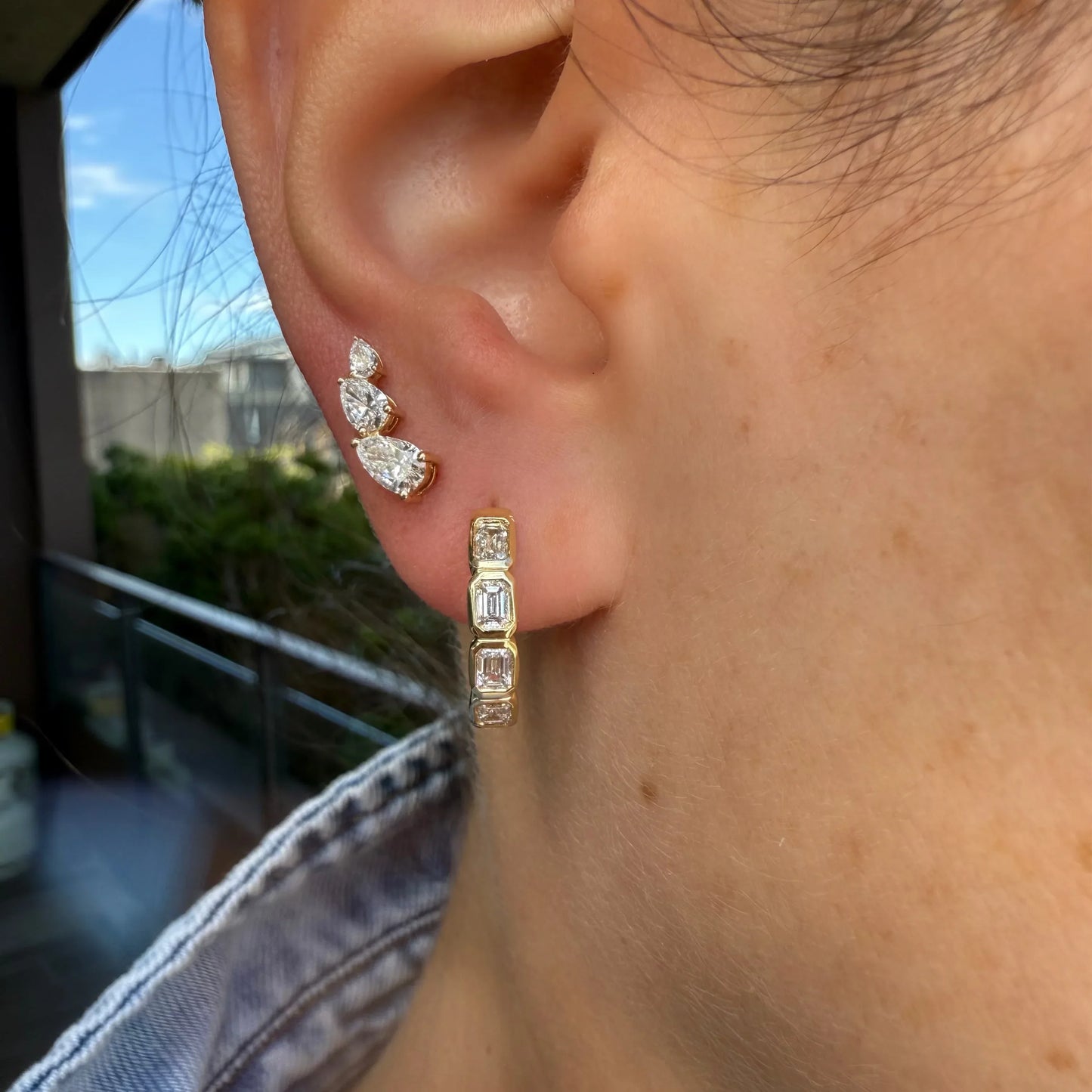 Emerald Bezel Set Diamonds Hoops - Goldie Paris Jewellery