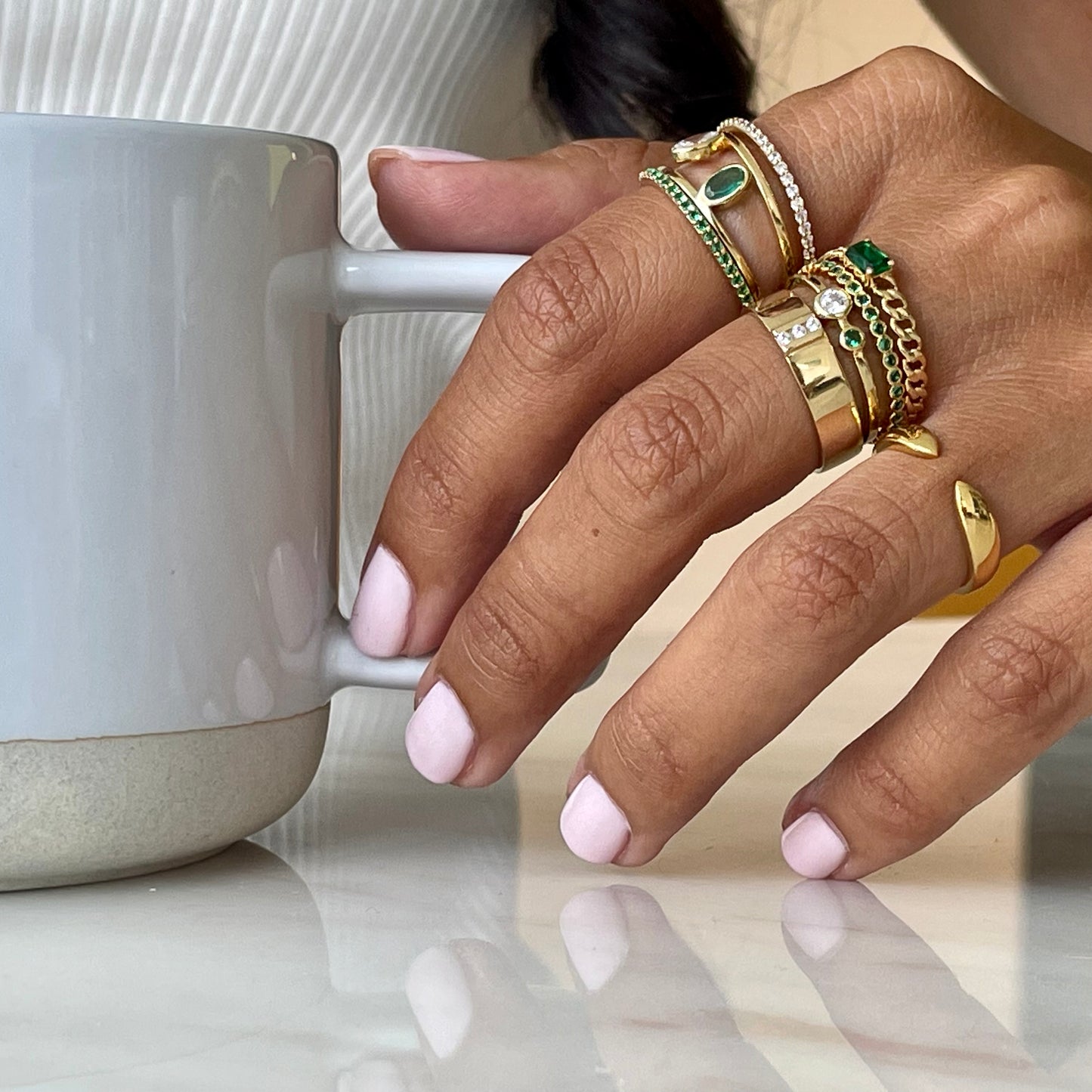 "Nina" Curb chain Link Diamond Ring - Green - - Jewelry - Goldie Paris Jewelry - Ring
