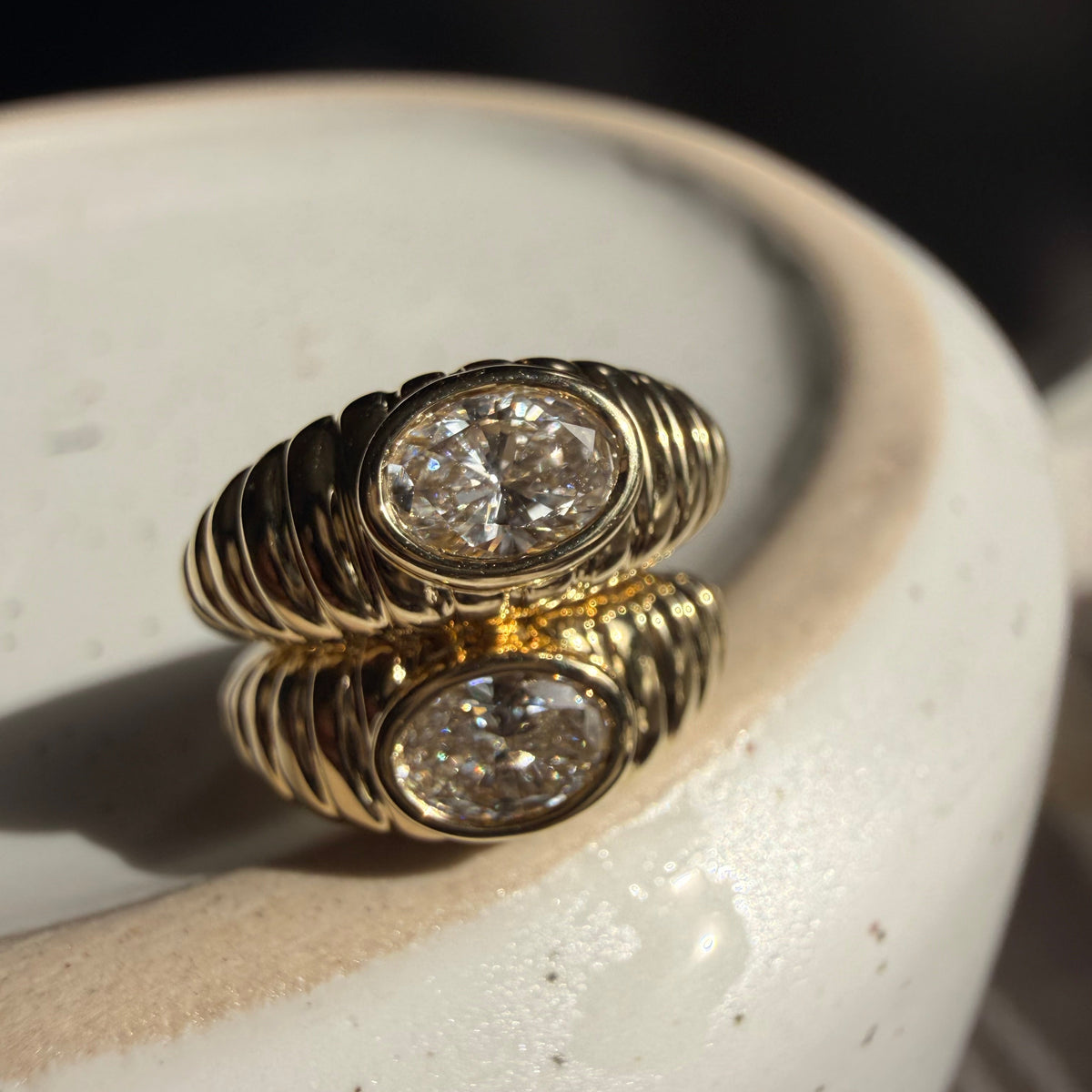 Fluted Cloud Oval Diamond Huggies• Pair• 9K Solid Yellow Gold