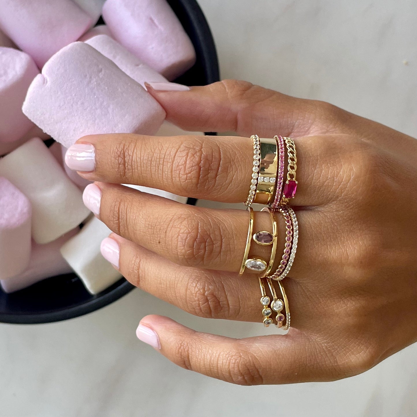 "Nina" Curb chain Link Diamond Ring - Pink - - Jewelry - Goldie Paris Jewelry - Ring stackable statement