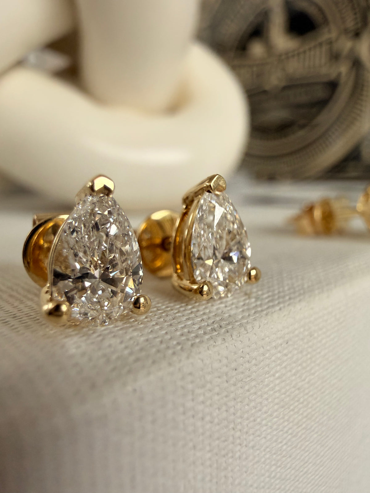 Pear Shape 1ct Diamond Studs• 9k Solid Yellow Gold • Pair