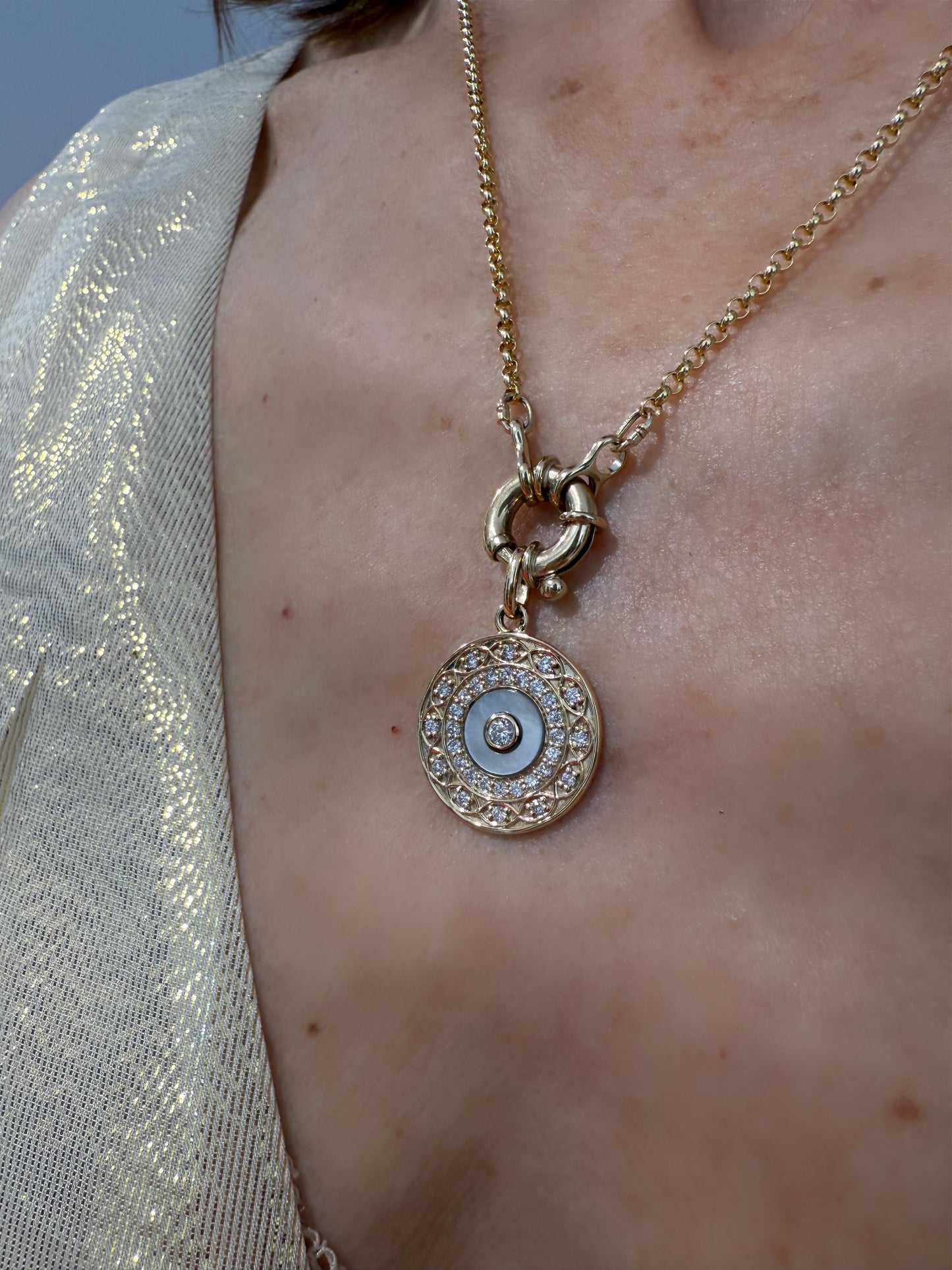 Sonia Diamonds and Mother of Pearl Disc Pendant
