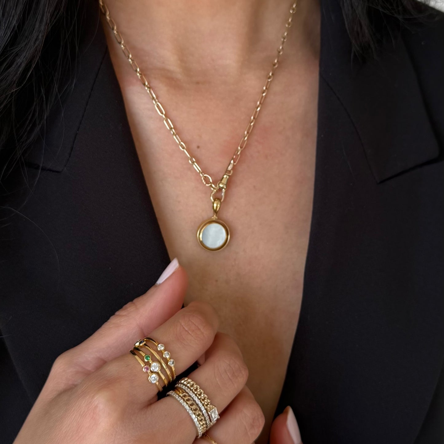 Justine Mother of Pearl & Onyx pendant (Reversible/ Double sided)