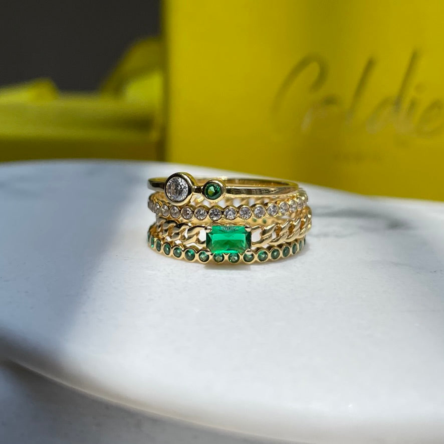 "Jude" Two Bezel set Diamond and Emerald Ring- Green - - Jewelry - Goldie Paris Jewelry - Bezel Ring stackable
