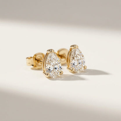 Pear Shape 1ct Diamond Studs• 9k Solid Yellow Gold • Pair