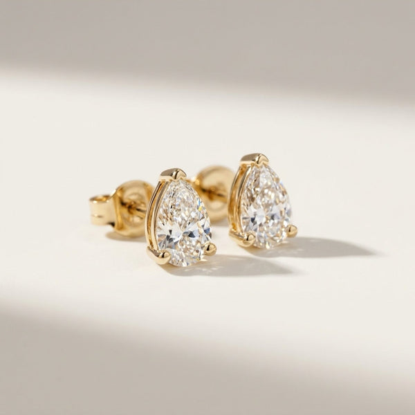 1ct Pear Diamond Stud Earrings • Pair • 9K Solid Yellow Gold