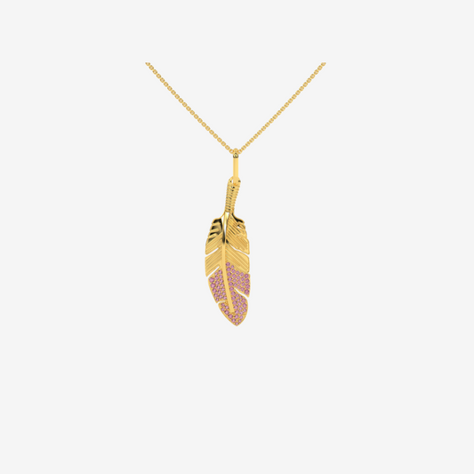 Diamond Feather Pendant -Pink - 14k Yellow Gold - Jewelry - Goldie Paris Jewelry - Pavé Pendant