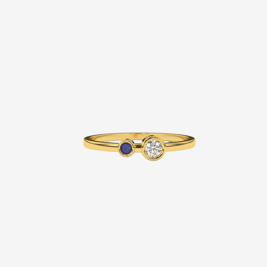 "Jude" Two Bezel set diamond and Sapphire Ring- Blue - 14k Yellow Gold - Jewelry - Goldie Paris Jewelry - Bezel Ring stackable