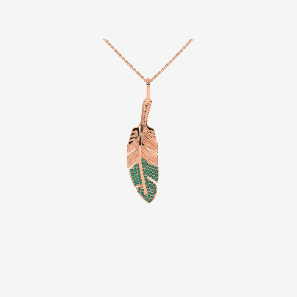 Emerald Feather Pendant -Green - 14k Rose Gold Pendant Only - Jewelry - Goldie Paris Jewelry - Pavé Pendant