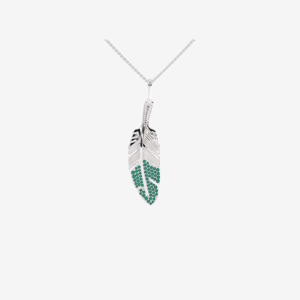 Emerald Feather Pendant -Green - 14k White Gold Pendant Only - Jewelry - Goldie Paris Jewelry - Pavé Pendant