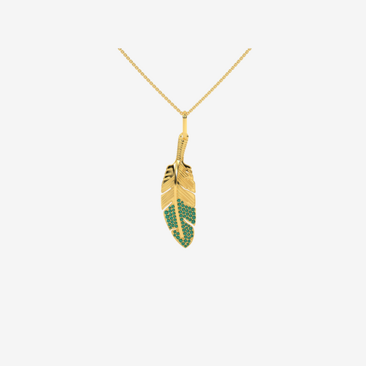 Emerald Feather Pendant -Green - 14k Yellow Gold - Jewelry - Goldie Paris Jewelry - Pavé Pendant