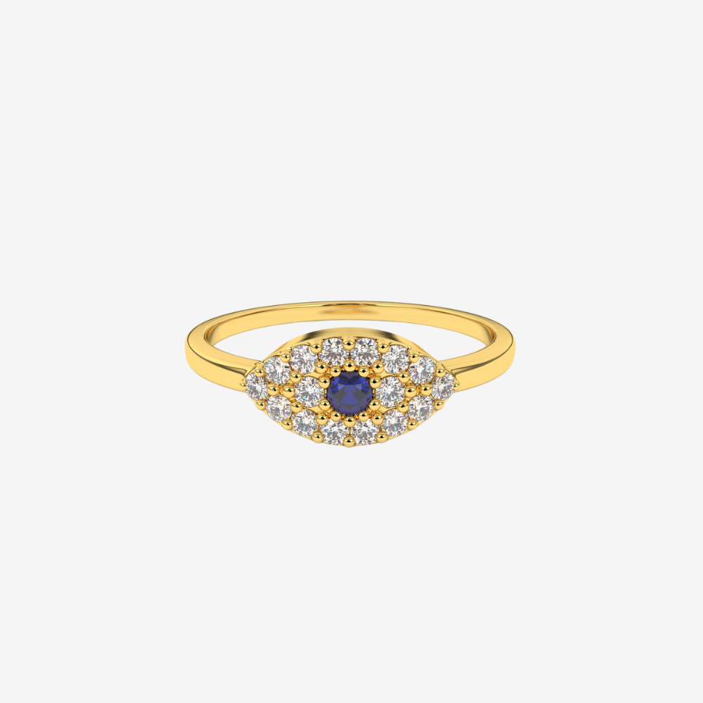 Evil Eye 🧿 Pavé Diamond Ring - 14k Yellow Gold - Jewelry - Goldie Paris Jewelry - Blue Ring stackable statement