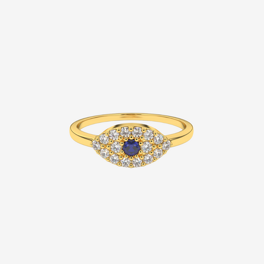 Evil Eye 🧿 Pavé Diamond Ring - 14k Yellow Gold - Jewelry - Goldie Paris Jewelry - Blue Ring stackable statement