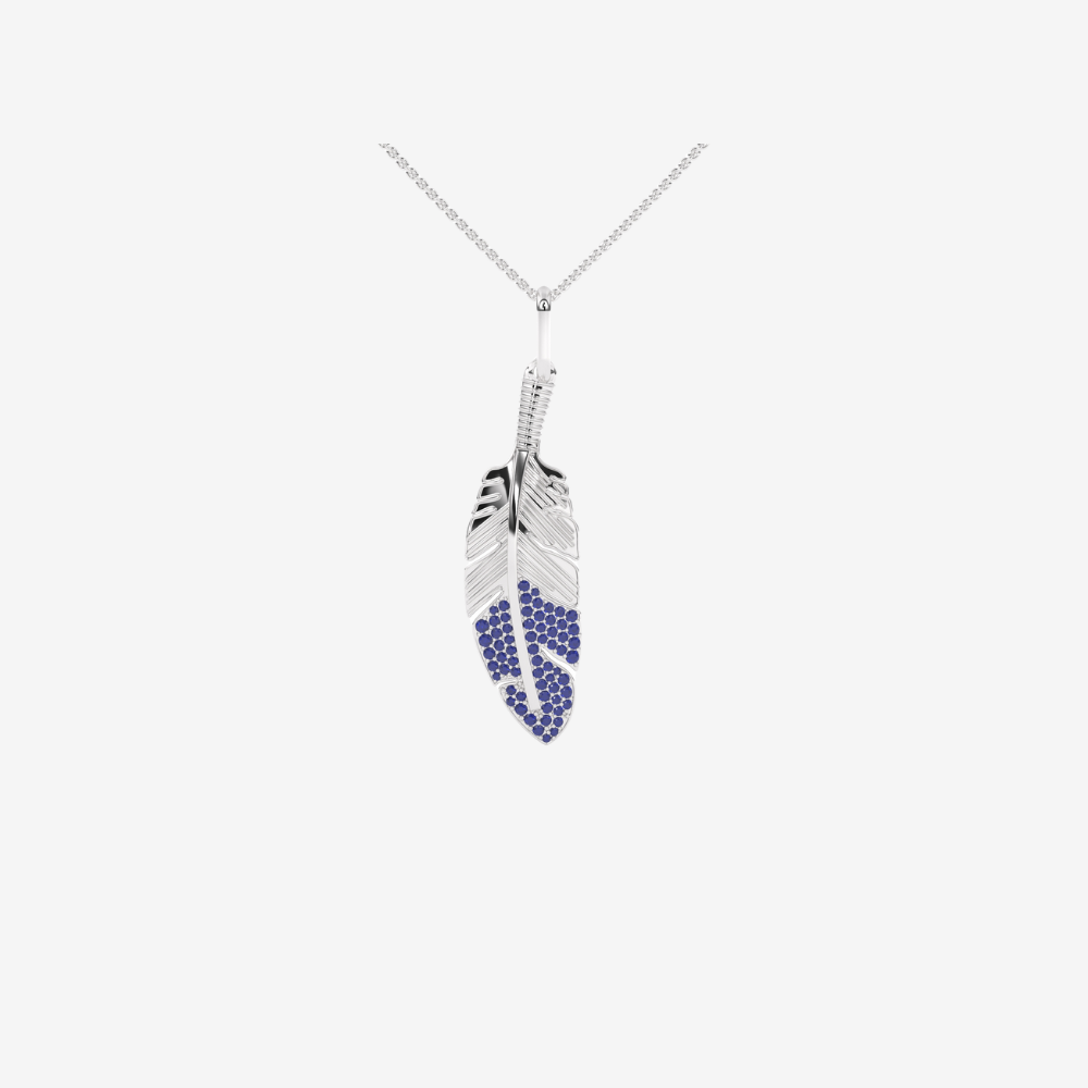Sapphire Feather Pendant -Blue - 14k White Gold - Jewelry - Goldie Paris Jewelry - Pavé Pendant