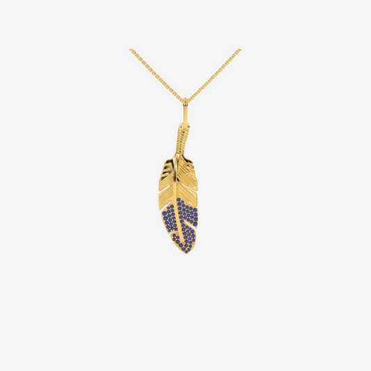 Sapphire Feather Pendant -Blue - 14k Yellow Gold - Jewelry - Goldie Paris Jewelry - Pavé Pendant