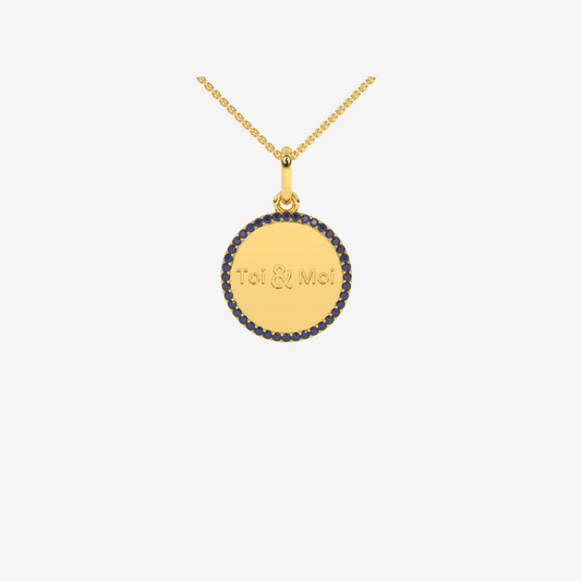 Personalised Diamond Medallion Pendant - Blue Sapphire - 14k Yellow Gold - Jewelry - Goldie Paris Jewelry - Moms Pavé Pendant