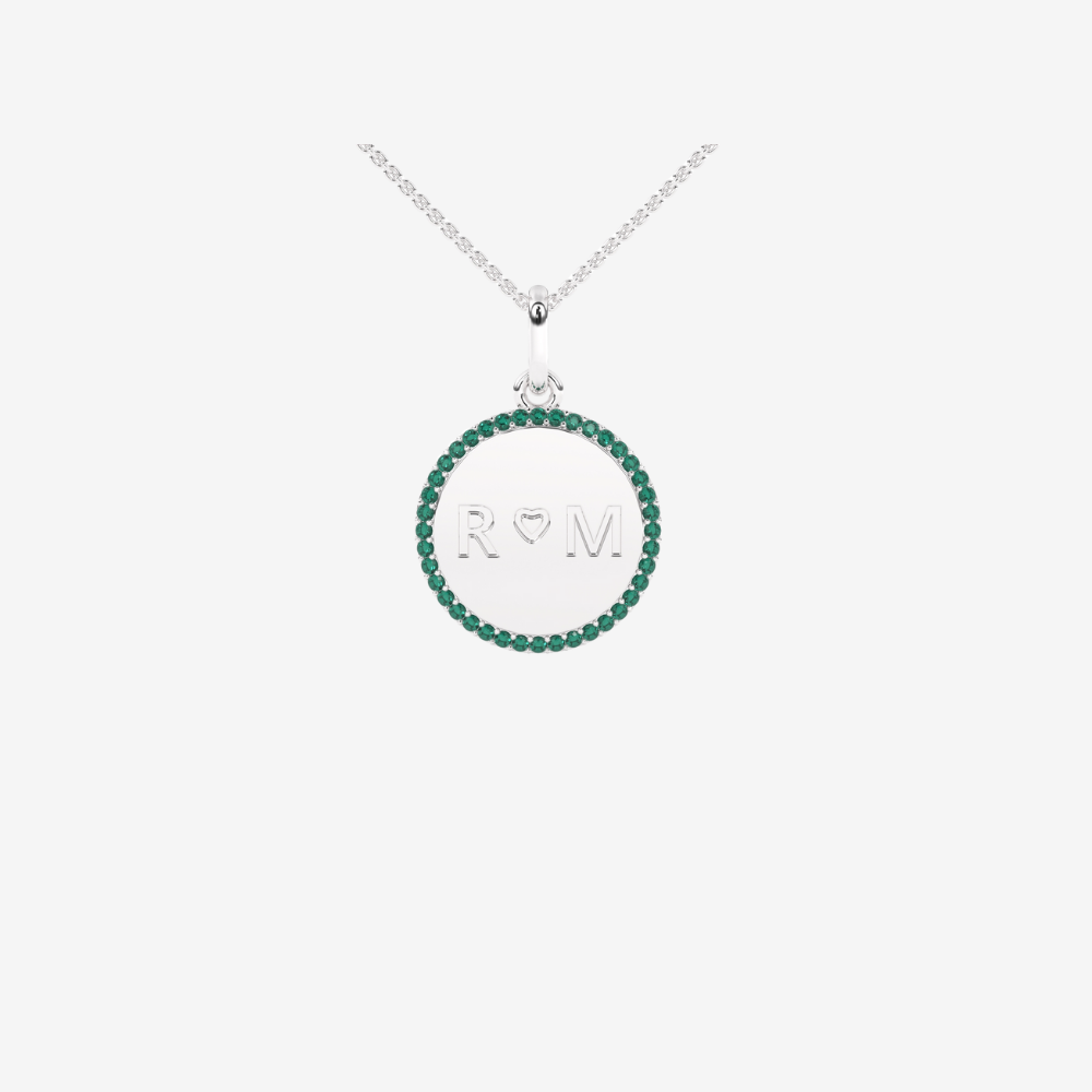 Personalised Diamond Medallion Pendant - Green Emeralds - 14k White Gold - Jewelry - Goldie Paris Jewelry - Moms Pavé Pendant