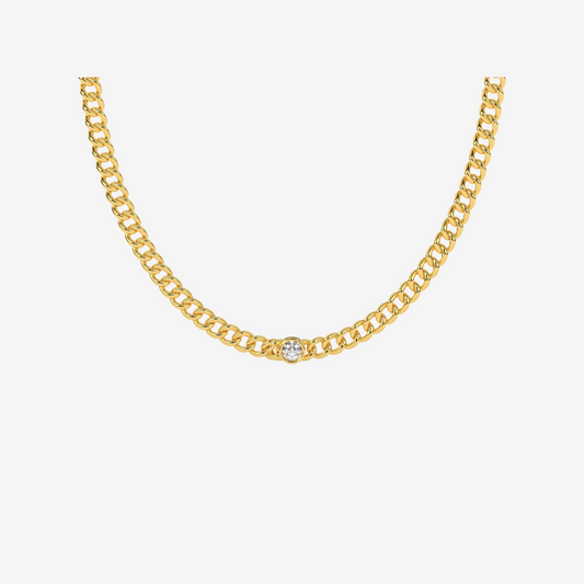 18-carat Curb Chain Single Diamond Necklace - 18k Yellow Gold - Jewelry - Goldie Paris Jewelry - Bezel Necklace