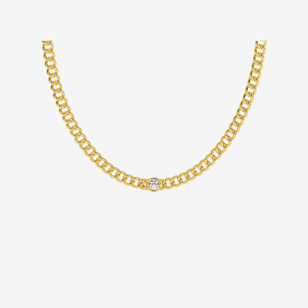 18-carat Curb Chain Single Diamond Necklace - 18k Yellow Gold - Jewelry - Goldie Paris Jewelry - Bezel Necklace