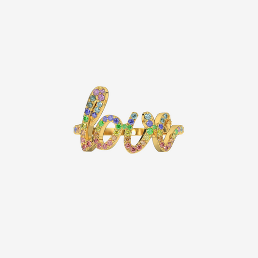 "Love" Pavé Diamond Ring- Rainbow - 14k Yellow Gold - Jewelry - Goldie Paris Jewelry - Pavé Ring statement