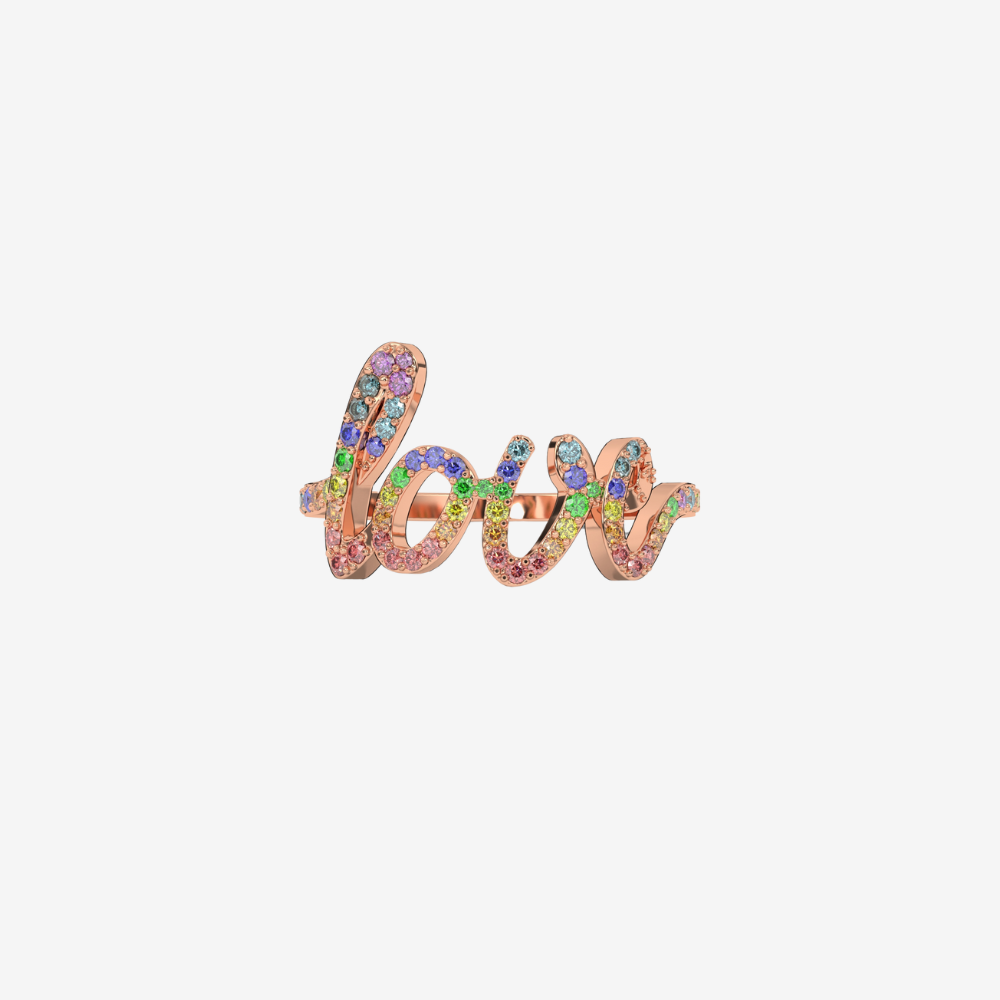 "Love" Pavé Diamond Ring- Rainbow - 14k Rose Gold - Jewelry - Goldie Paris Jewelry - Pavé Ring statement