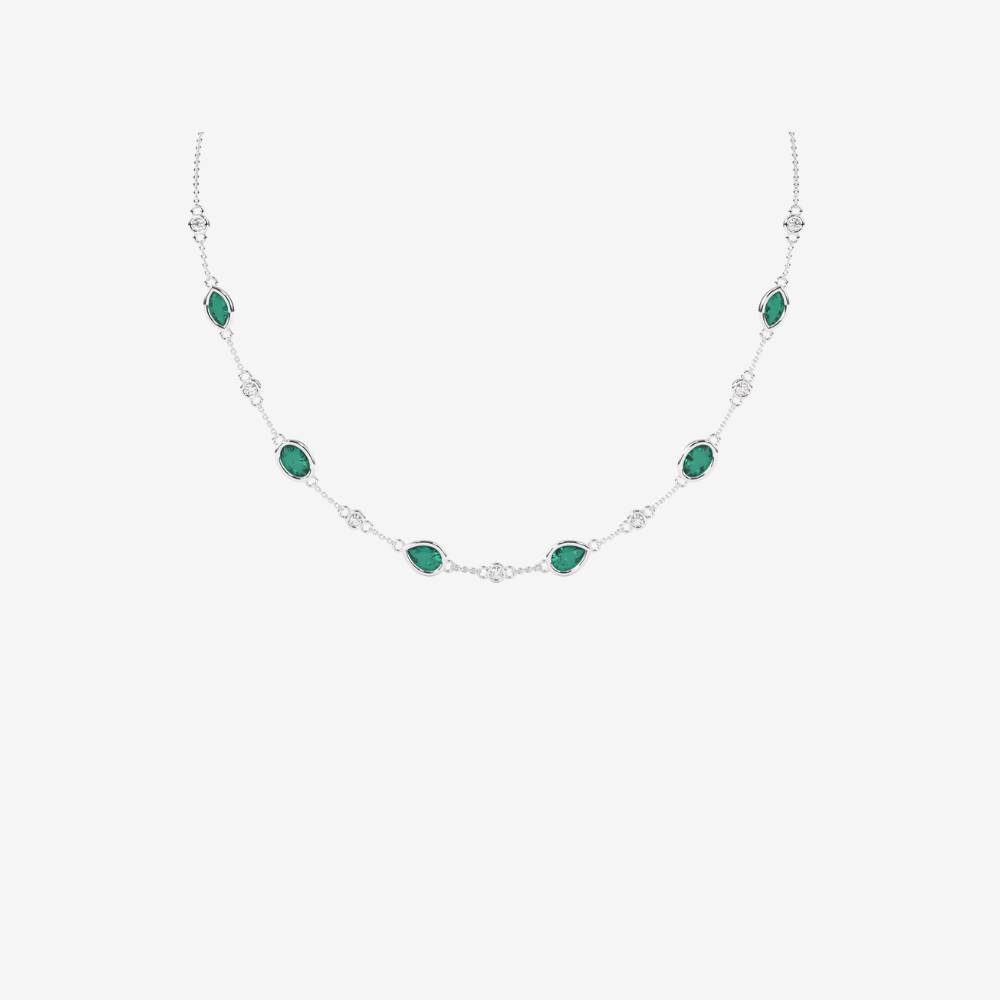 Pear Green Emerald Necklace & Bezel-set Diamond Necklace - 14k White Gold - Jewelry - Goldie Paris Jewelry - Green Necklace