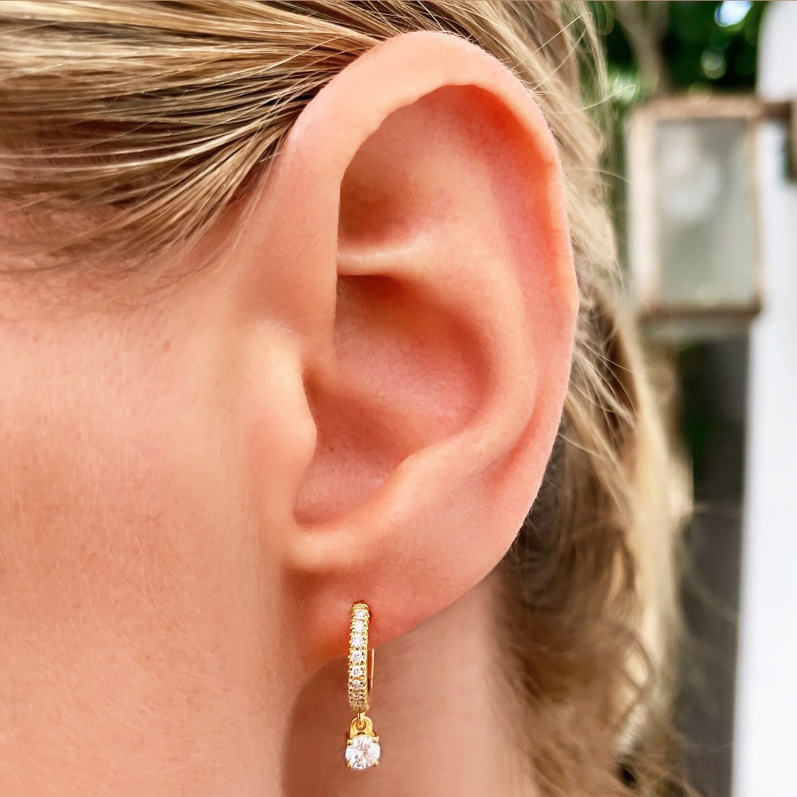 "Daniella" Diamonds Hoops Earrings with one dangle diamond - - Jewelry - Goldie Paris Jewelry - Earring Pavé