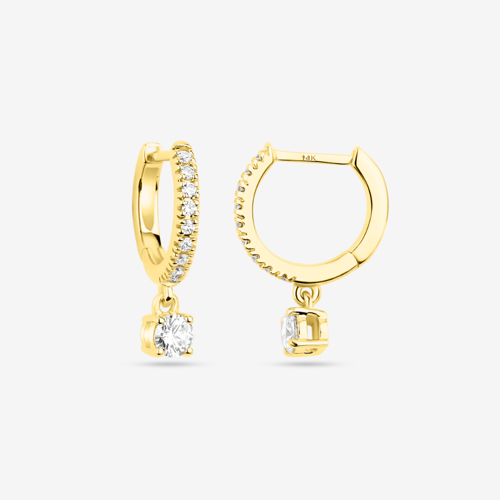 "Daniella" Diamonds Hoops Earrings with one dangle diamond - 14k Yellow Gold - Jewelry - Goldie Paris Jewelry - Earring Pavé