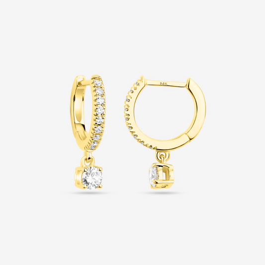 Diamonds Hoops Earrings with one dangle diamond - 14k Yellow Gold - Jewelry - Goldie Paris Jewelry - Earring Pavé