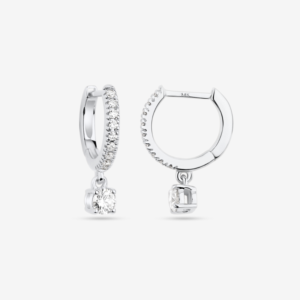 "Daniella" Diamonds Hoops Earrings with one dangle diamond - 14k White Gold - Jewelry - Goldie Paris Jewelry - Earring Pavé