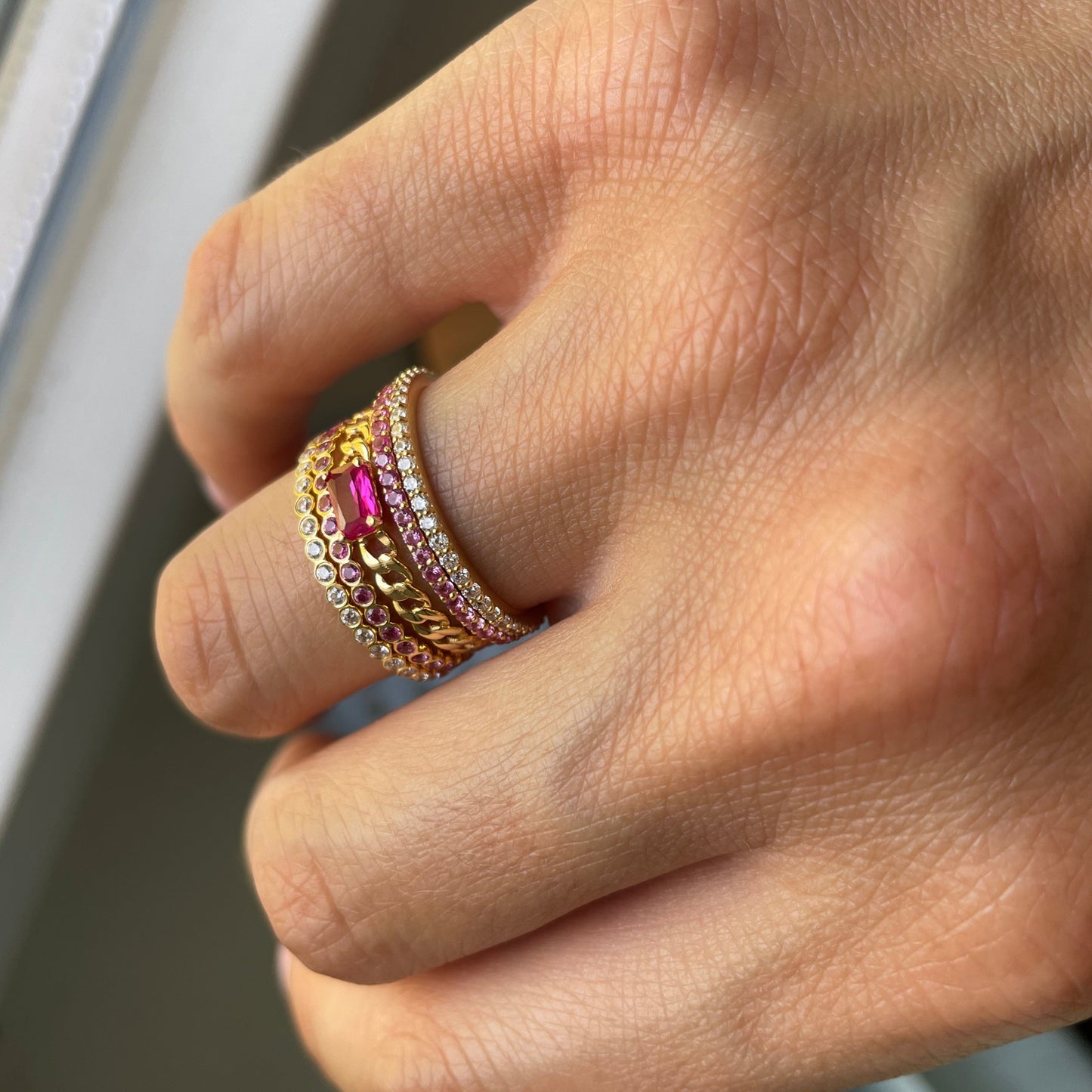 "Ilana" Stackable Bezel Diamond Eternity Band - Pink - - Jewelry - Goldie Paris Jewelry - Bezel Ring stackable