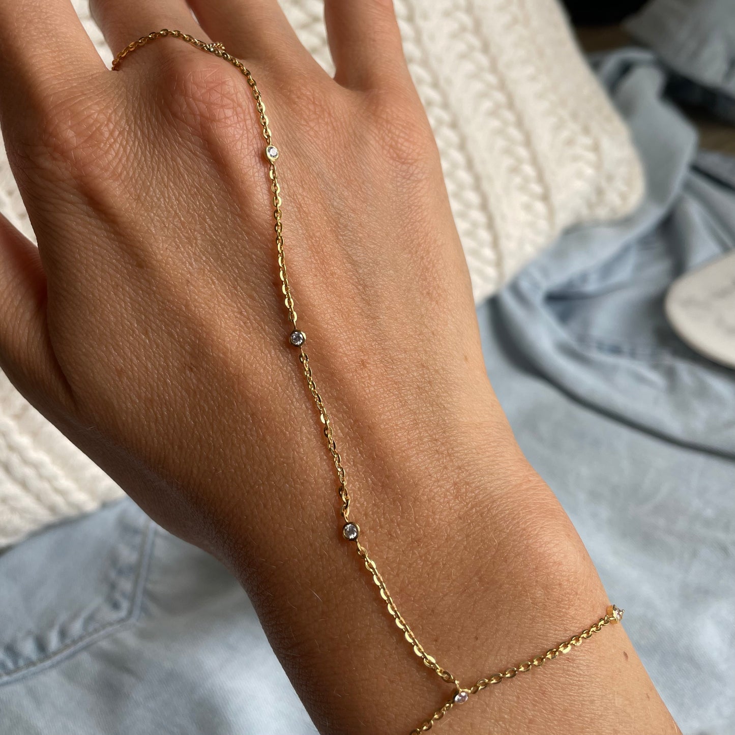 Six bezel-set diamonds Hand chain/Finger Sleeve bracelet - - Jewelry - Goldie Paris Jewelry - Bezel Bracelet Ring