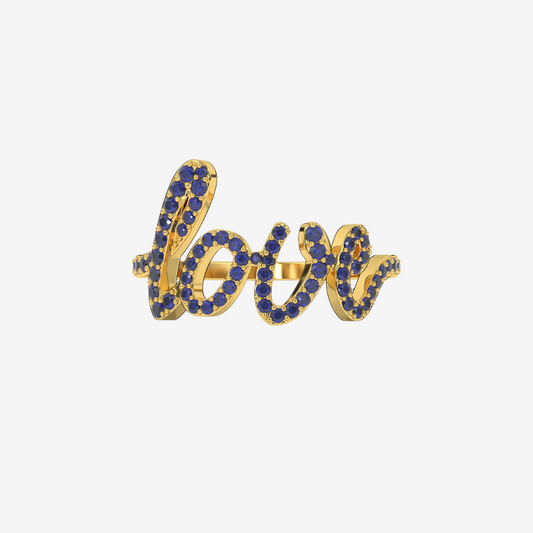"Love" Pavé Diamond Ring- Blue Sapphire - 14k Yellow Gold - Jewelry - Goldie Paris Jewelry - Ring statement