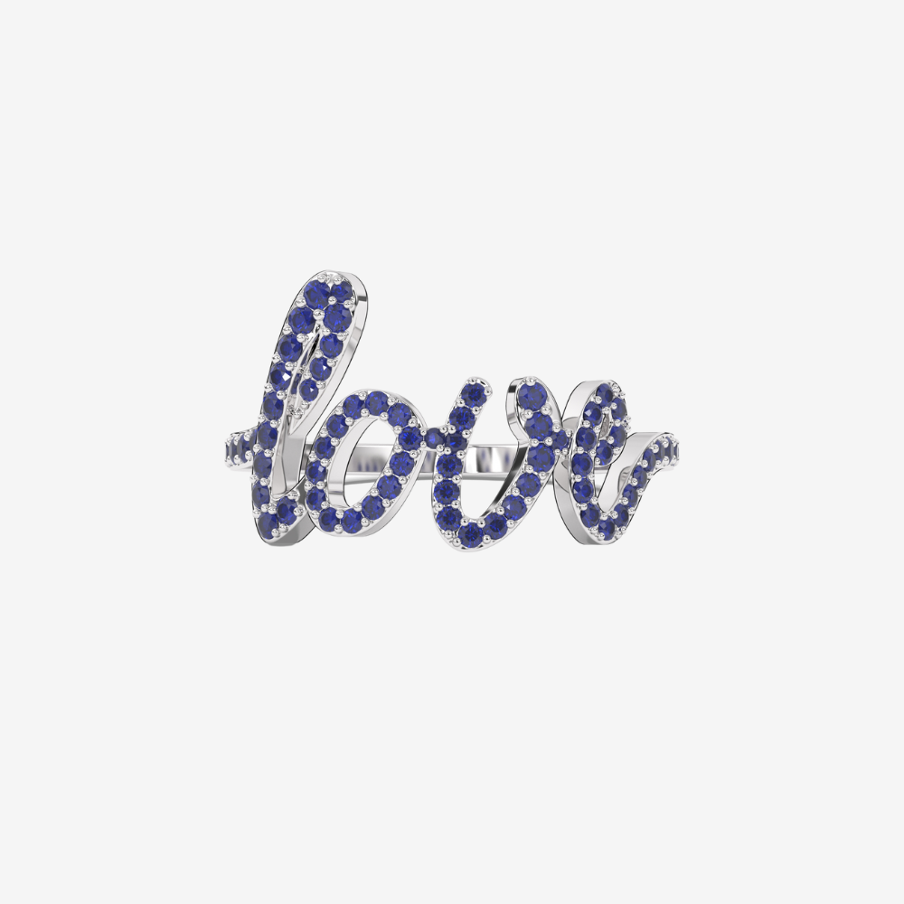 "Love" Pavé Diamond Ring- Blue Sapphire - 14k White Gold - Jewelry - Goldie Paris Jewelry - Ring statement