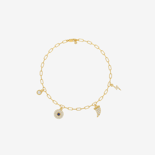 18-carat Solid Gold Paperclip Bracelet with diamonds charms - 18k Yellow Gold - Jewelry - Goldie Paris Jewelry - Bracelet Evil Eye