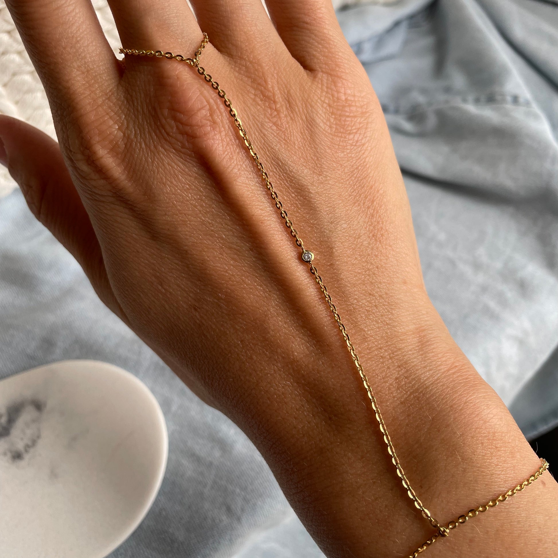 One bezel-set diamond Hand chain/Finger Sleeve bracelet - - Jewelry - Goldie Paris Jewelry - Bezel Bracelet Ring