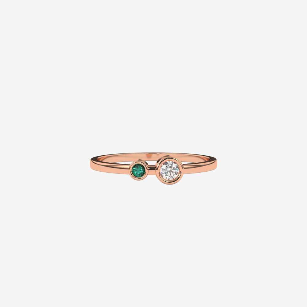 "Jude" Two Bezel set Diamond and Emerald Ring- Green - 14k Rose Gold - Jewelry - Goldie Paris Jewelry - Bezel Ring stackable