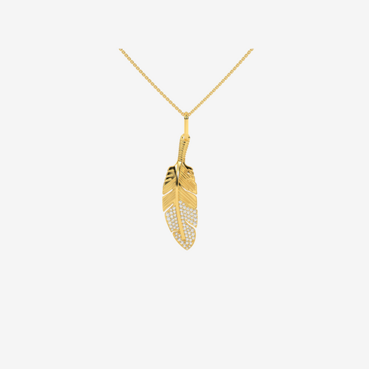 Diamond Feather Pendant - 14k Yellow Gold - Jewelry - Goldie Paris Jewelry - Pavé Pendant