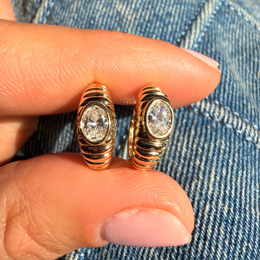 Fluted Cloud Oval Diamond Huggies• Pair• 9K Solid Yellow Gold