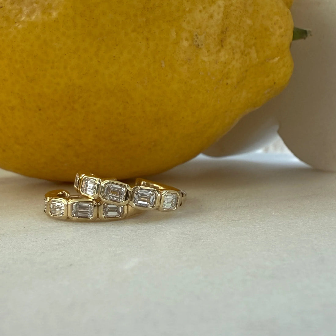 Emerald Bezel Set Diamonds Hoops - Pair - Yellow Gold