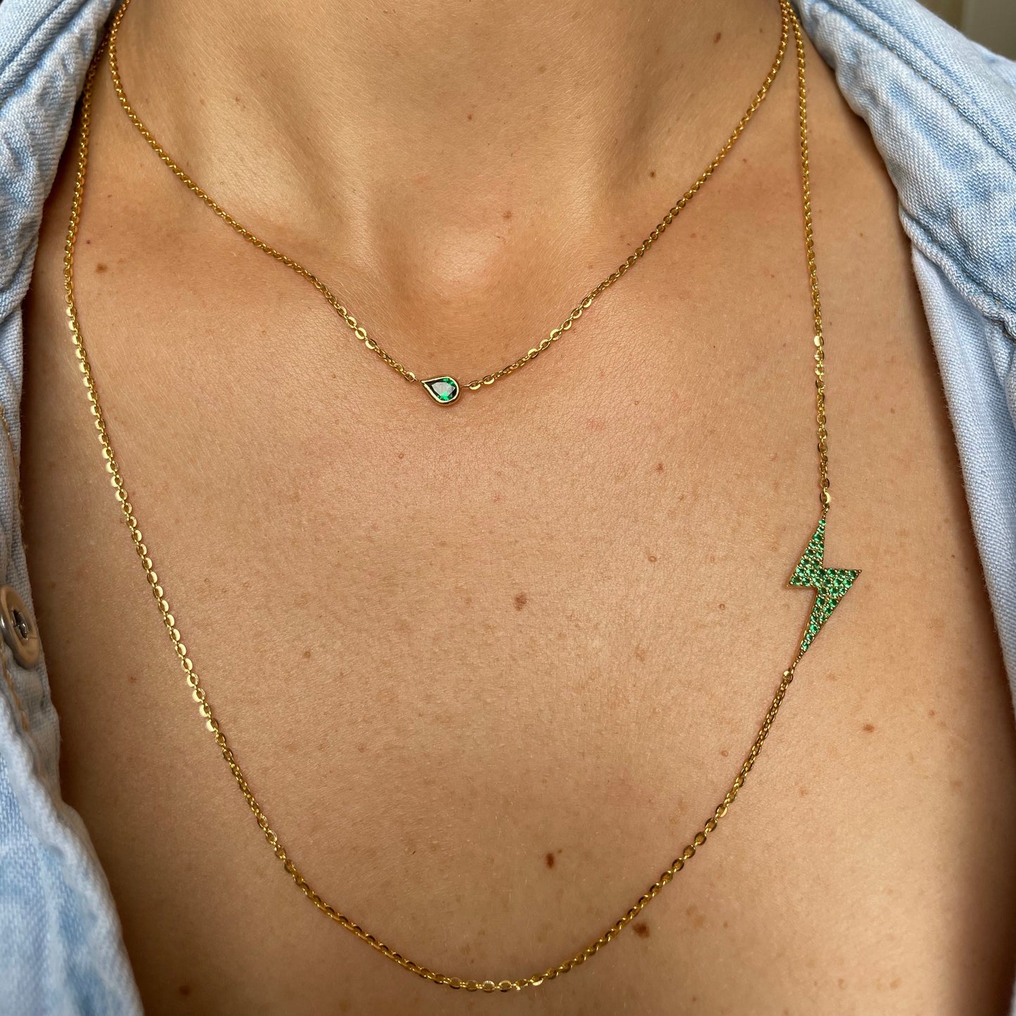 Lightning bolt Diamonds Necklace - Green Emeralds - - Jewelry - Goldie Paris Jewelry - Necklace Pavé