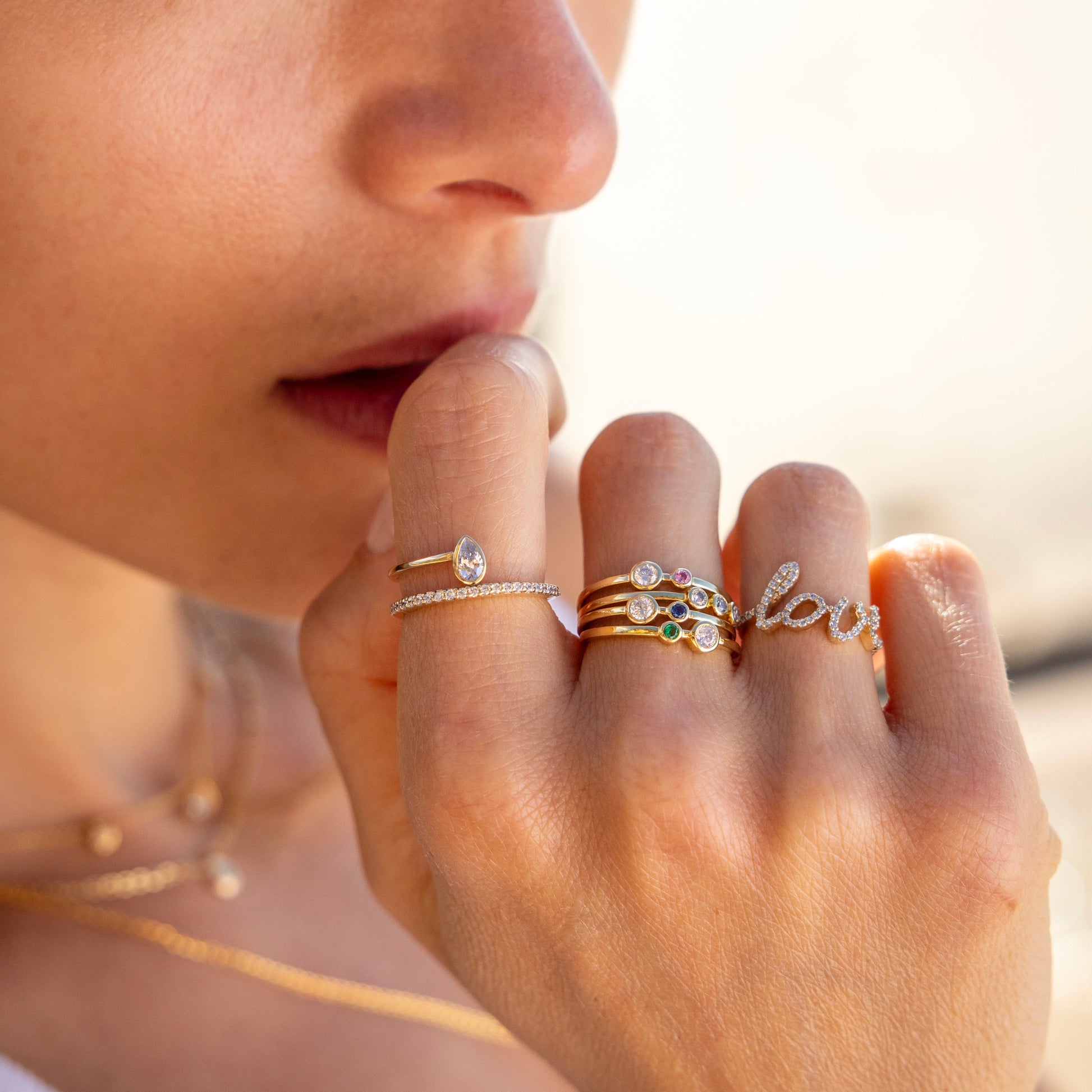 "Jude" Two Bezel set Diamond and Emerald Ring- Green - - Jewelry - Goldie Paris Jewelry - Bezel Ring stackable