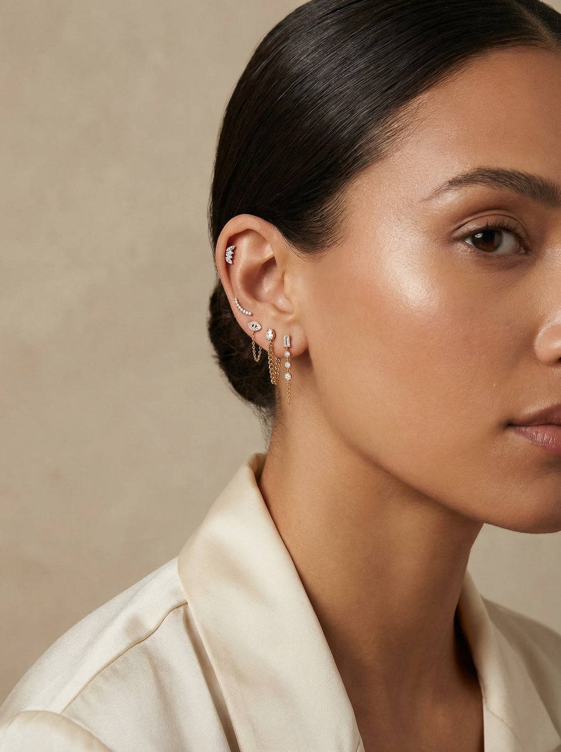 Nicky Baguette & Bezel Diamonds Chain Earring - White Gold