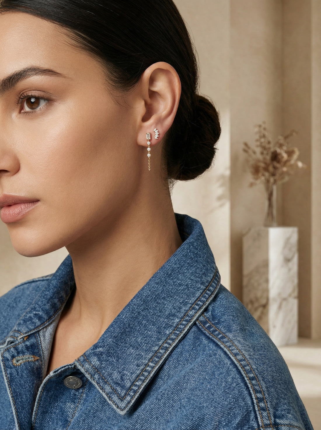 Nicky Baguette & Bezel Diamonds Chain Earring - White Gold