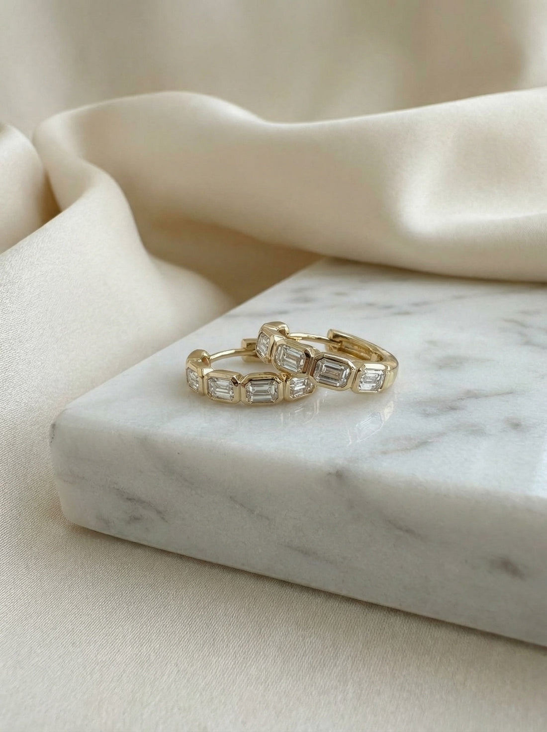 Emerald Bezel Set Diamonds Hoops - Pair - Yellow Gold
