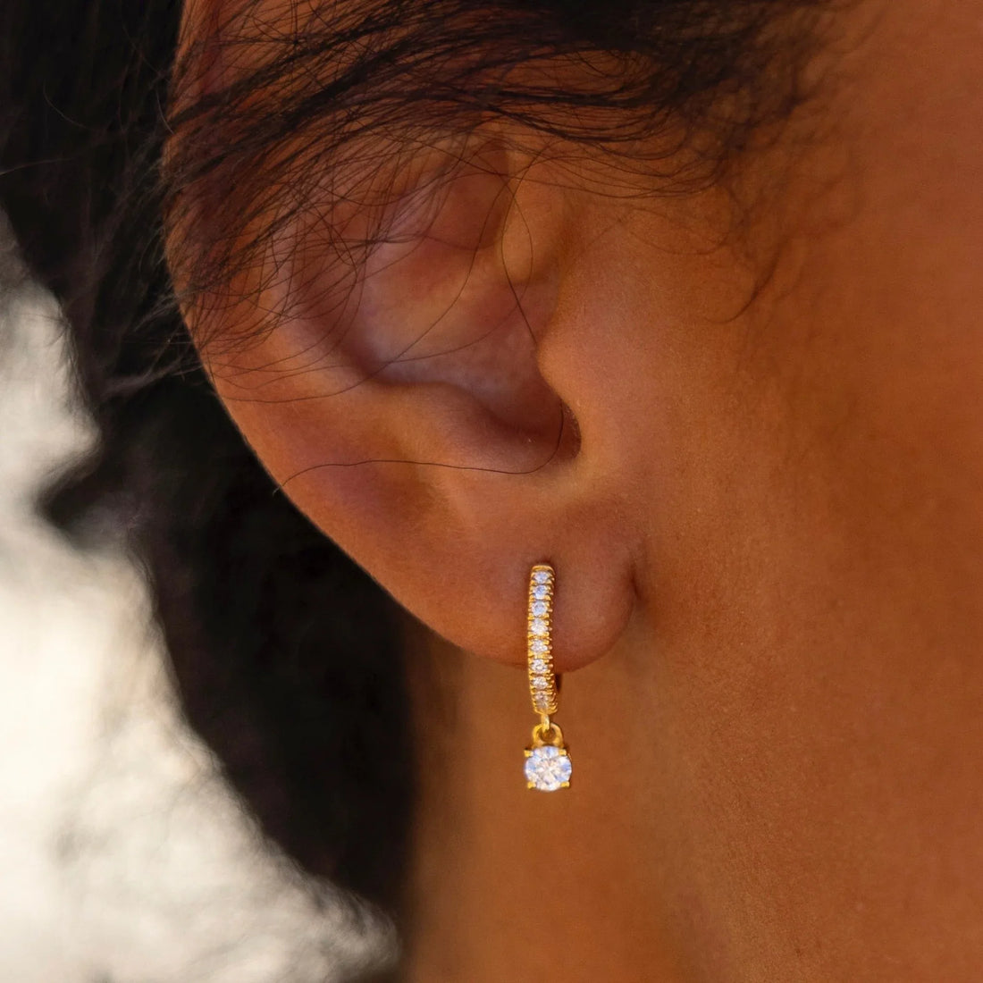 "Daniella" Diamonds Hoops Earrings with one dangling diamond - Pair