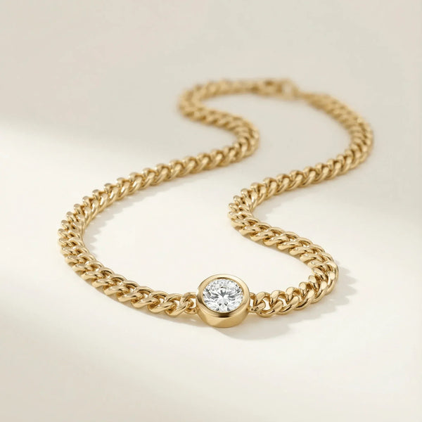 Diamond Bezel Classic Curb Chain Necklace • 10K Solid Yellow Gold
