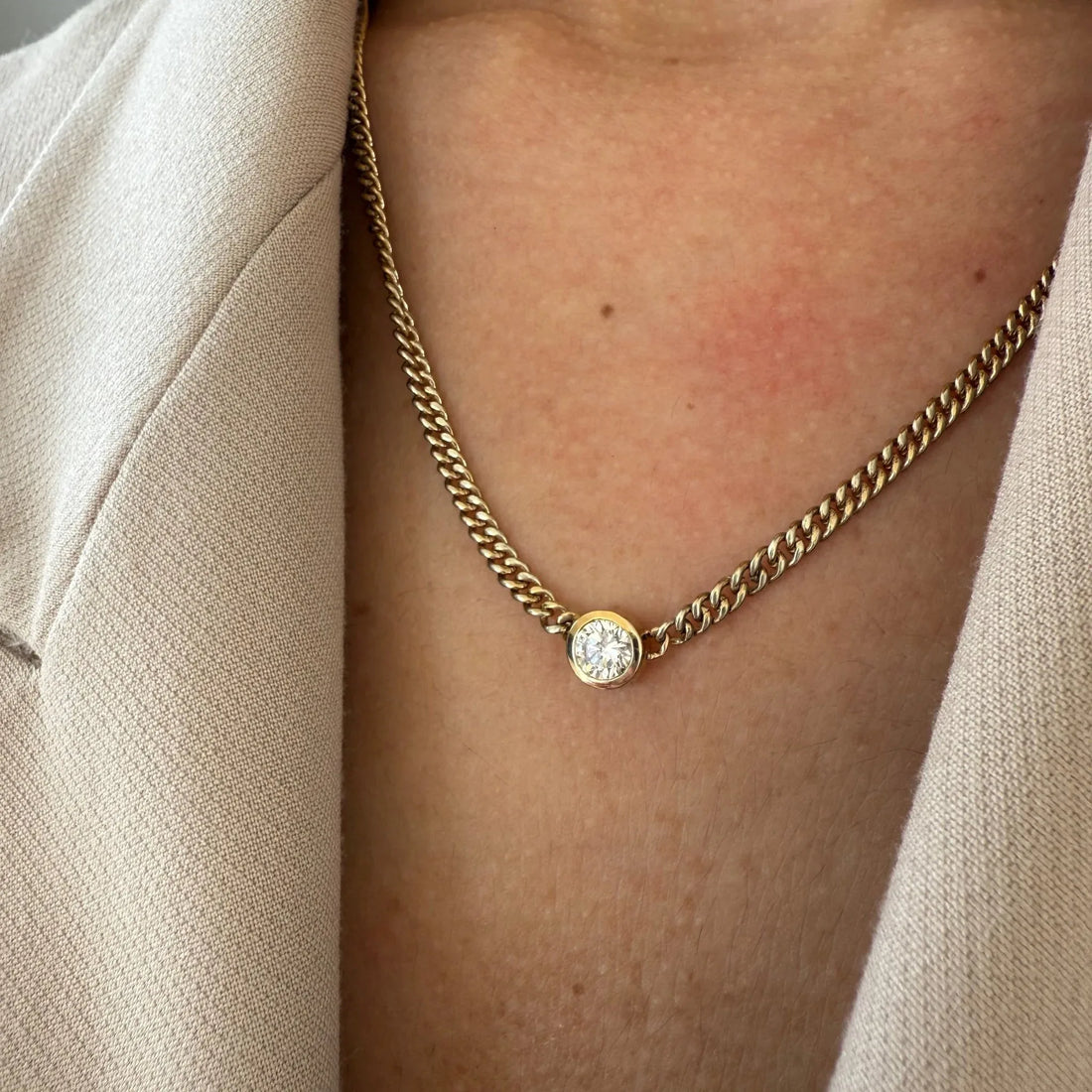 Diamond Bezel Classic Curb Chain Necklace